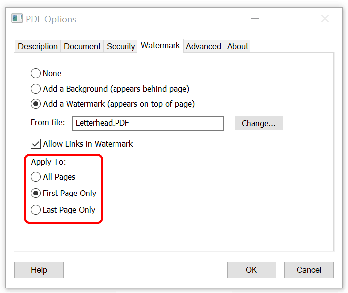Apply Watermark to First or Last Page Apply Watermark to First or Last Page