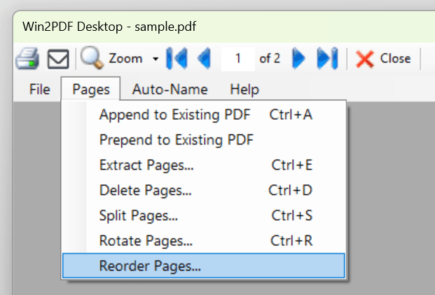 Win2PDF Desktop - Reorder Pages Menu